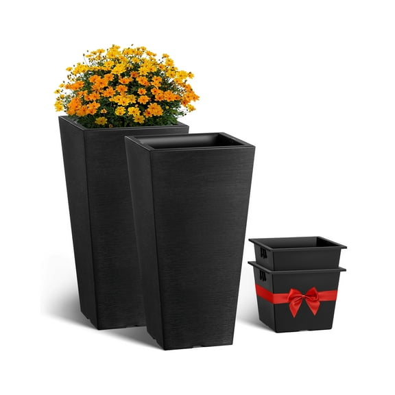 VEVOR Set of 2 Tall Outdoor Planters 22inch, Large Planters For Outdoor Indoor Plants, Black Tapered Square Front Porch Planters Flower Tree Plant Pots with Modern Design and Built-in Drainage