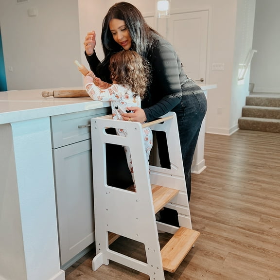 HARPPA Toddler Tower with Adjustable Height and Anti-Slip Protection, Kids Standing Tower with Safety Rail, Nordi Kids Kitchen Tower with Chalkboard, White