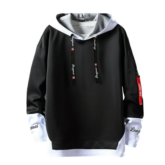 XIAONU Mens Hoodies False Two-Piece Comfortable Drawstring Hooded Sweatshirt Color-Blocked Casual Long-Sleeve Pullover Hoodie