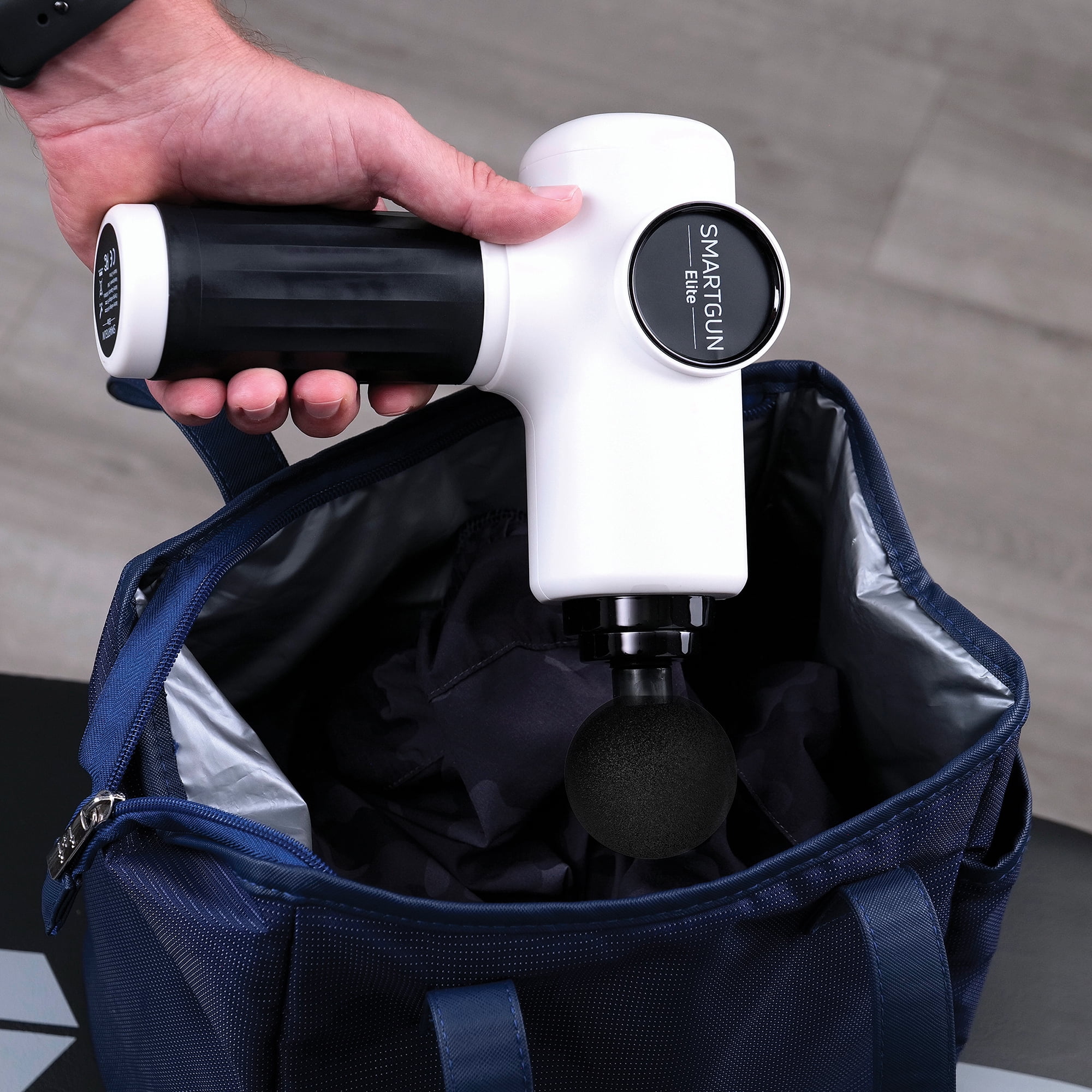 Spa Sciences SMARTGUN Elite Massage Gun, Pro Therapeutic with 4 Heads and Carrying Case, 10 Speed, Rechargable, White