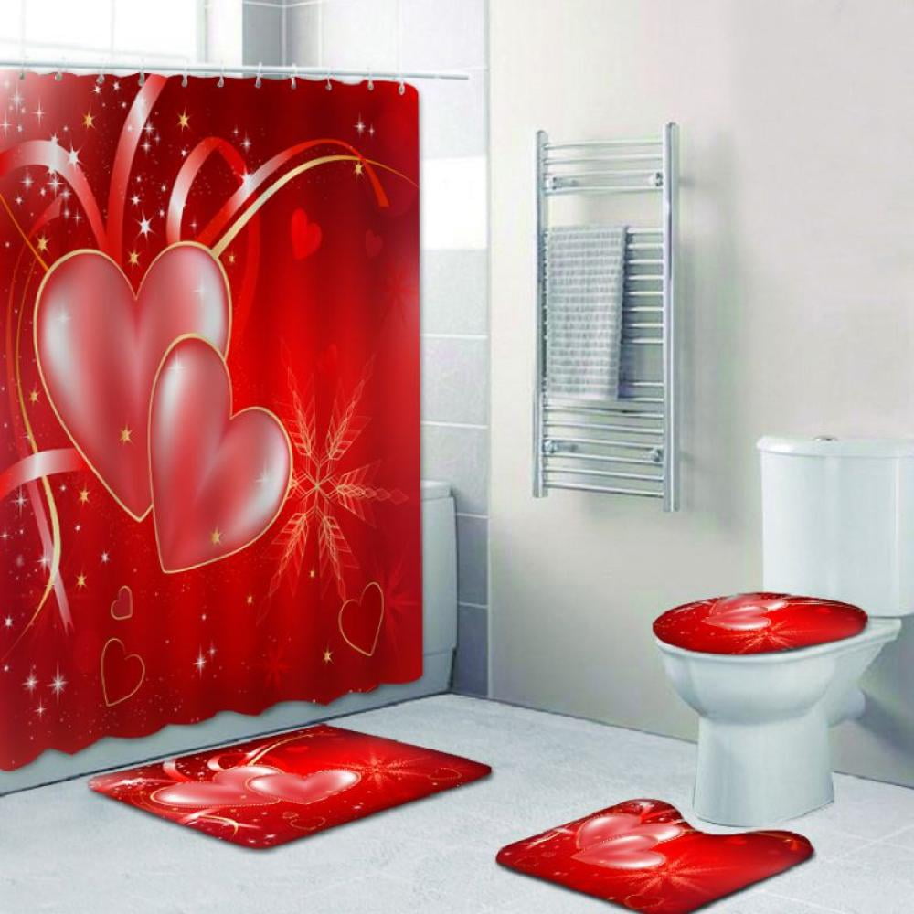 Details about   4PCS Bathroom Set Shower Curtain Floor Mat Bathroom Rug Toilet Pad Romantic Love 