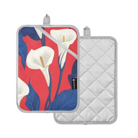 

2-Pack Pot Holders Heat Resistant Kitchen Oven Mitts 7x9.8in for Oven Microwave & BBQ White Calla Lilies with Blue Leaves