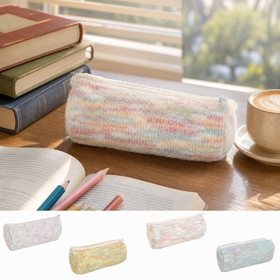 Hyknon Pencil Pouch Bag, Soft Gradient Rainbow Knitted Pencil Case, Large Capacity Cozy Striped Fabric Zipper Pen Pouch, Portable Lightweight Aesthetic Makeup Bag for Daily Daily Campus Office, Pink