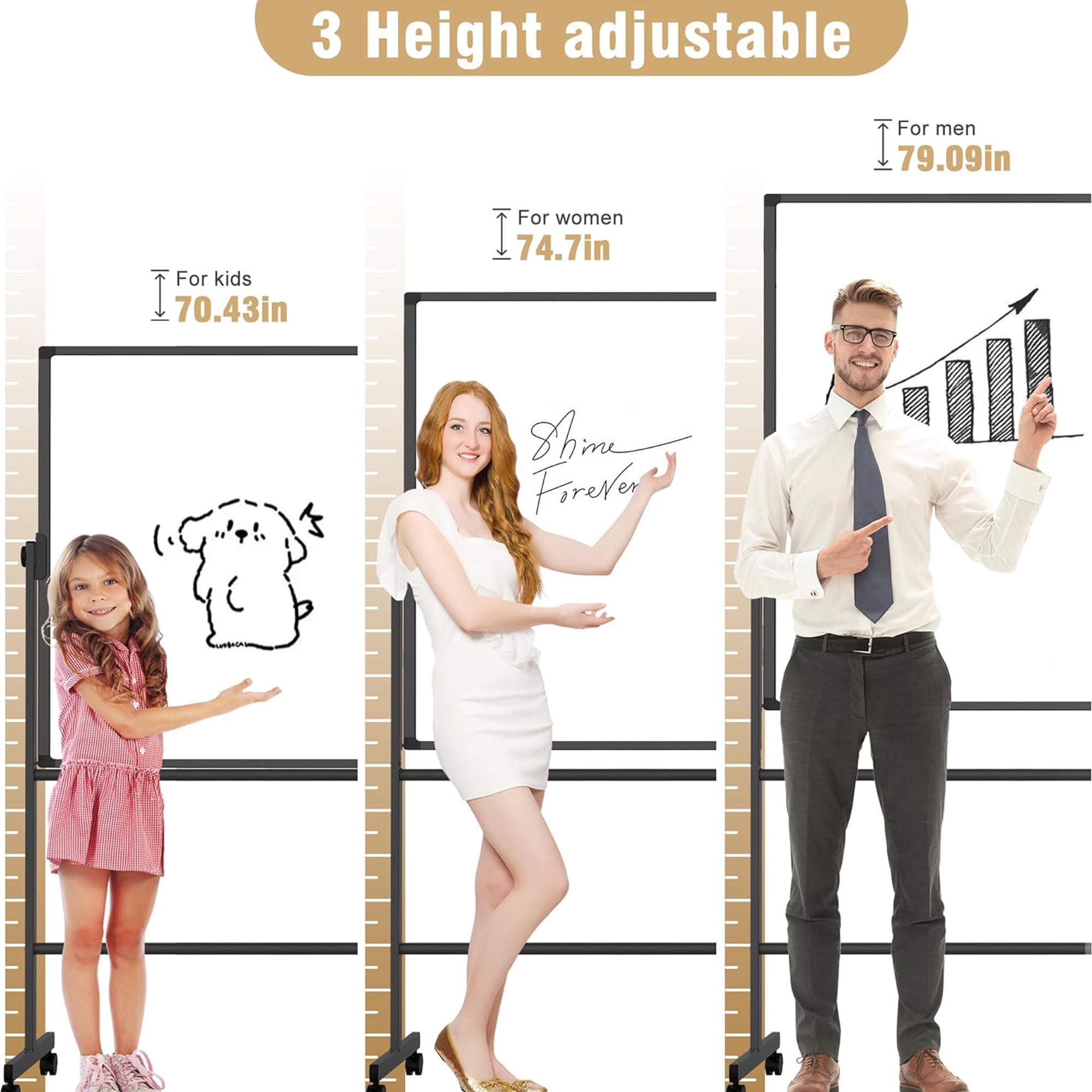 TOWON Double-Sided Mobile Whiteboard - 72"x40" Extra Large Height Adjustable Magnetic Dry Erase Board on Wheels, 360° Rolling Office White Board Pizarra - Black