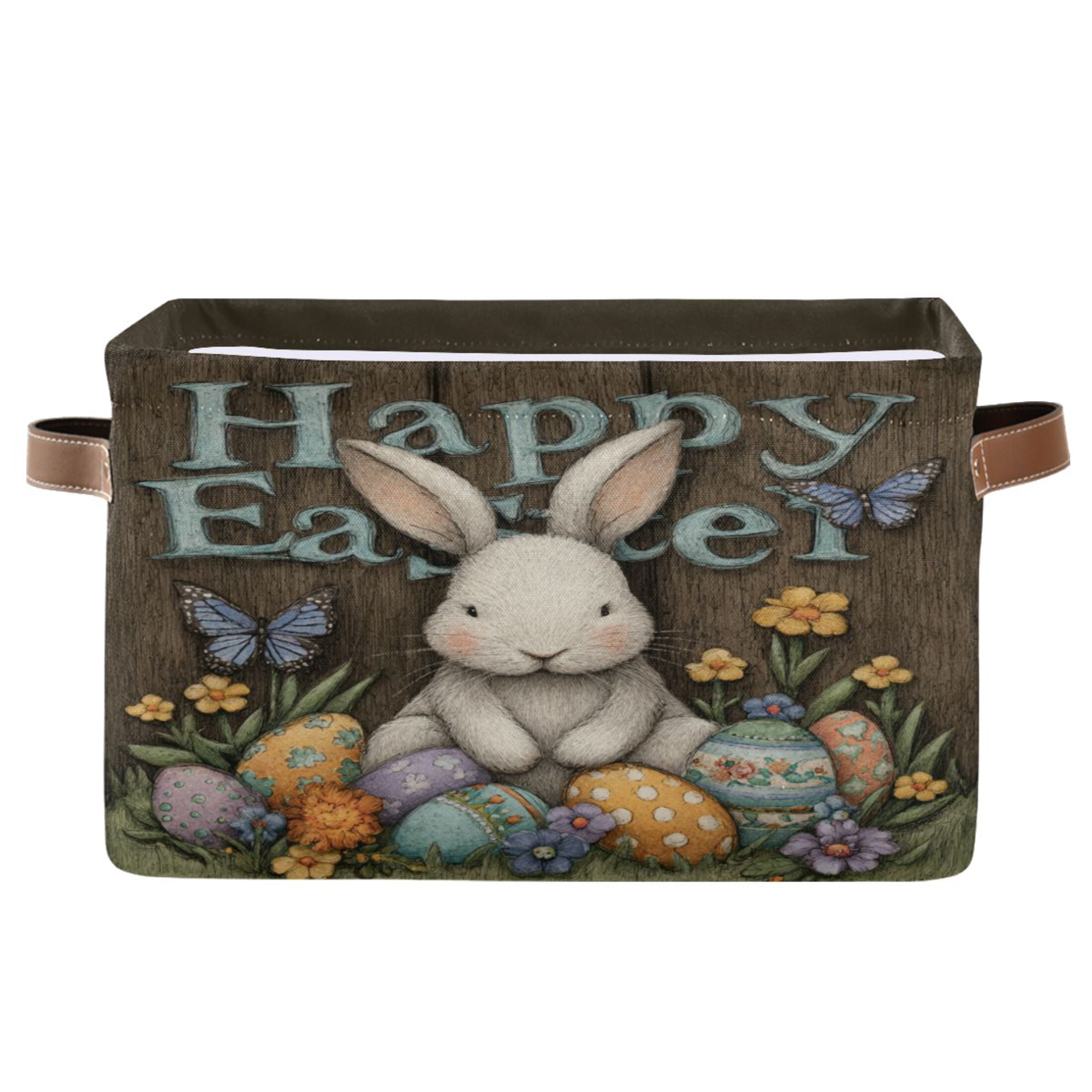 Wobogo Cute Easter Bunny Square Storage Basket Set of 2 with Waterproof Canvas and PE Lining Durable PU Leather Handles 14.2×10.2×8.3in