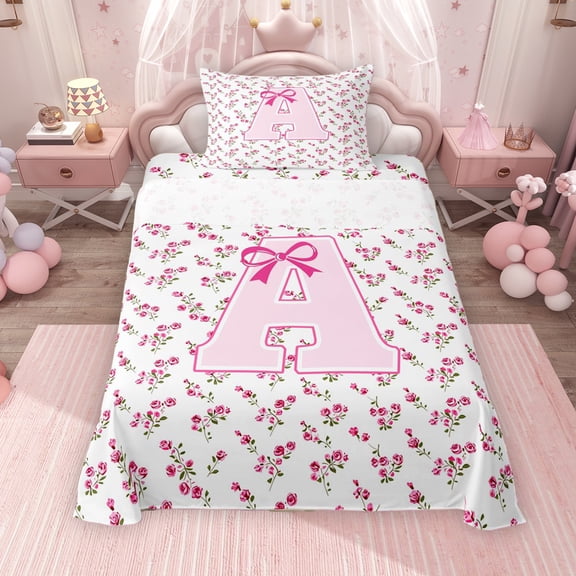 Erosebridal Pink Ribbon Floral Twin Sheet Sets for Girls, Personalized Inital A Bedding, 3pcs, 1 Flat Sheet, 1 Fitted Sheet and 1 Pillowcase