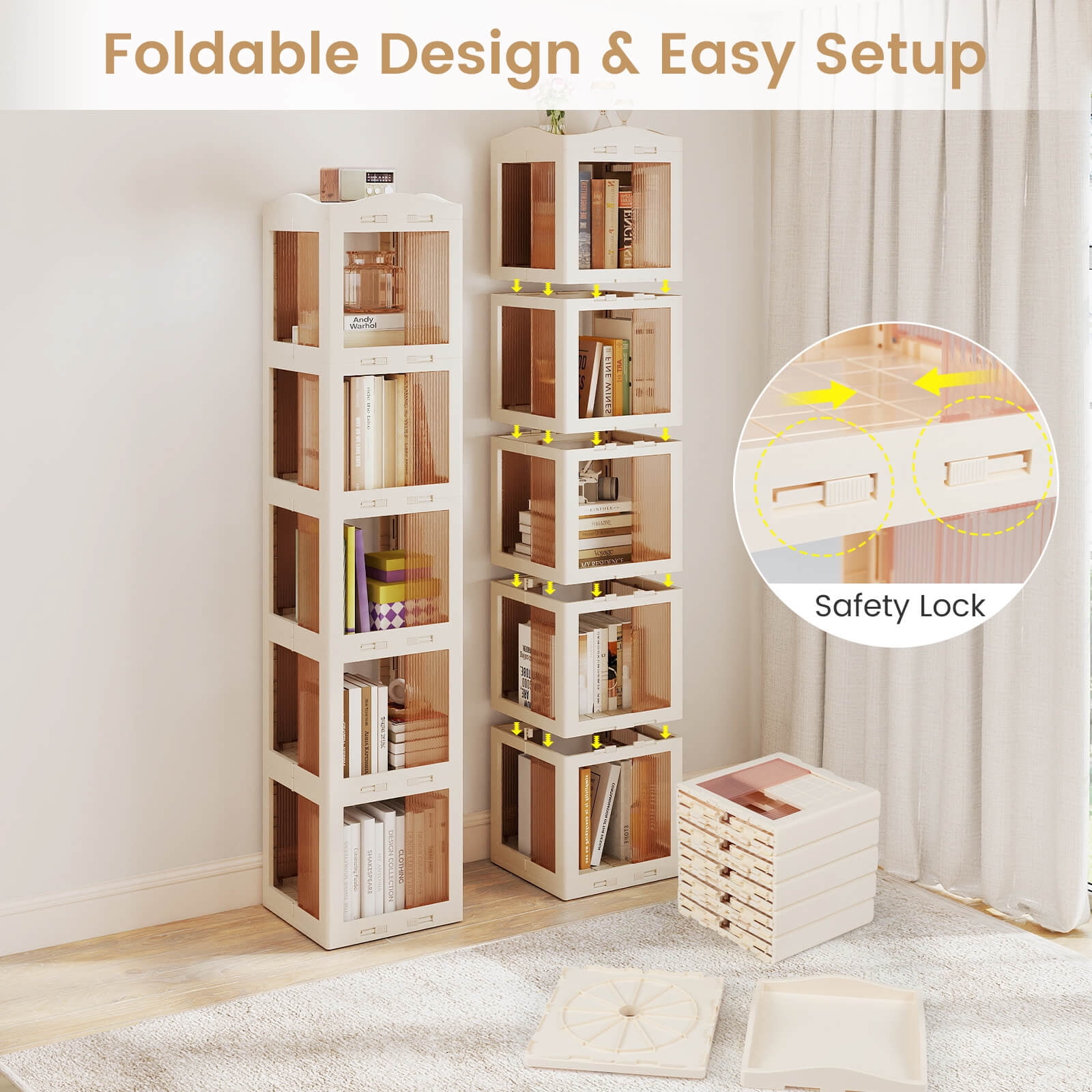 Costway 360° Spinning Bookcase with Swivel Base, 5-Tier Revolving Bookshelf Tower for Study