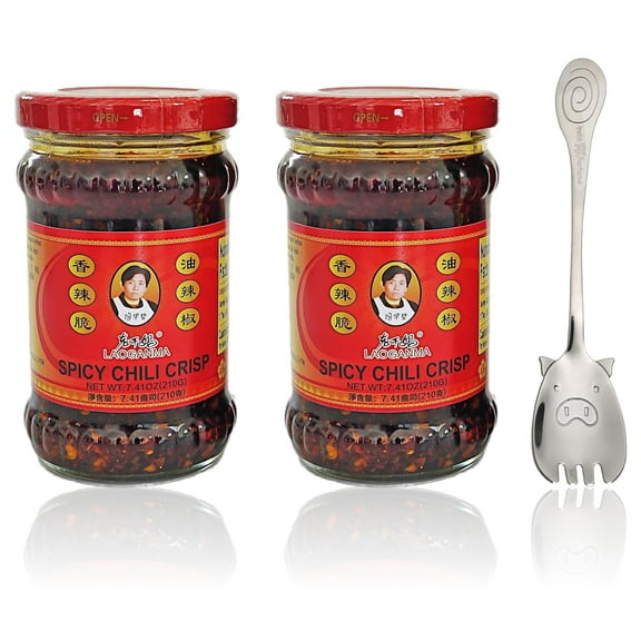 Lao Gan Ma Spicy Chili Crisp Sauce 老干媽香辣脆油辣椒 | Roasted Sichuan Pepper Flakes in Hot Chile Oil - Chinese Condiment Topping | 7.41oz 210g (2 jars)   1 Cute Pig Tail Spoon Spork by Twin Fortune Foods