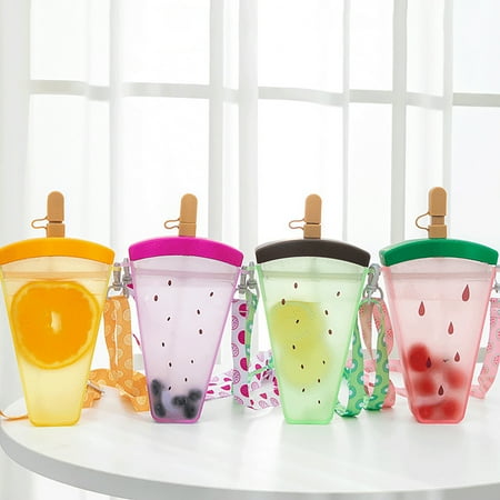 

Hesroicy 320ml Large Capacity Orange Water Bottle Hanging Band Fruit Design Watermelon Plastic Strap Straw Water Cup for Summer