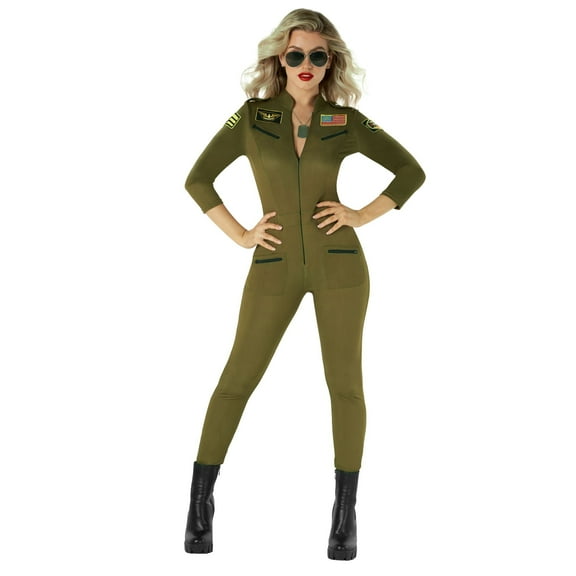 Morph Womens Pilot Costume Ladies Green Aviator Military Flight Suit Top Gun Halloween Green S