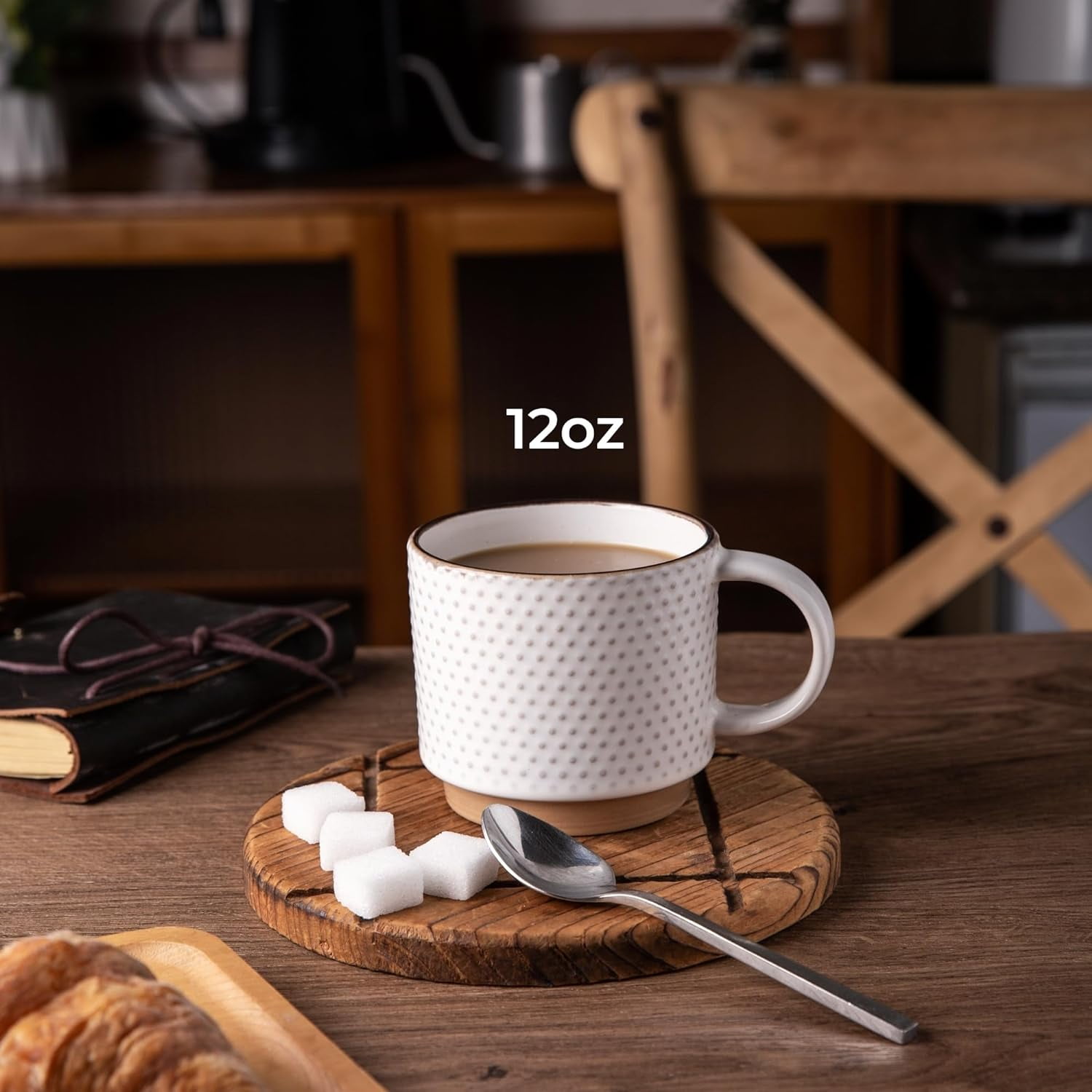 AmorArc 12OZ Stackable Ceramic Coffee Mugs with Texture Patterns, Modern Mug Set of 4 for Latte, Cappuccino and Cocoa, Dishwasher & Microwave Safe, off-white