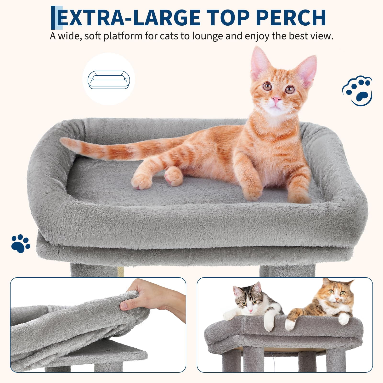 Scratching Post for Large Cats 62" - Multi-Level Tower with Extra Large Platform, Spacious Condominiums, Sturdy Natural Sisal Posts, Play Area for Maine Coon - Light Grey