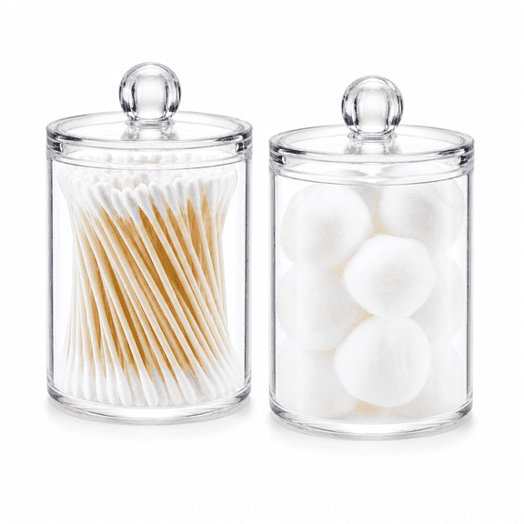 Clear Acrylic Cotton Swab and Ball Holder Set, 2 Pack Bathroom Canister Storage Jars with Lids for Q-Tips, Cotton Balls, Pads, Floss, Vanity Makeup Organizer
