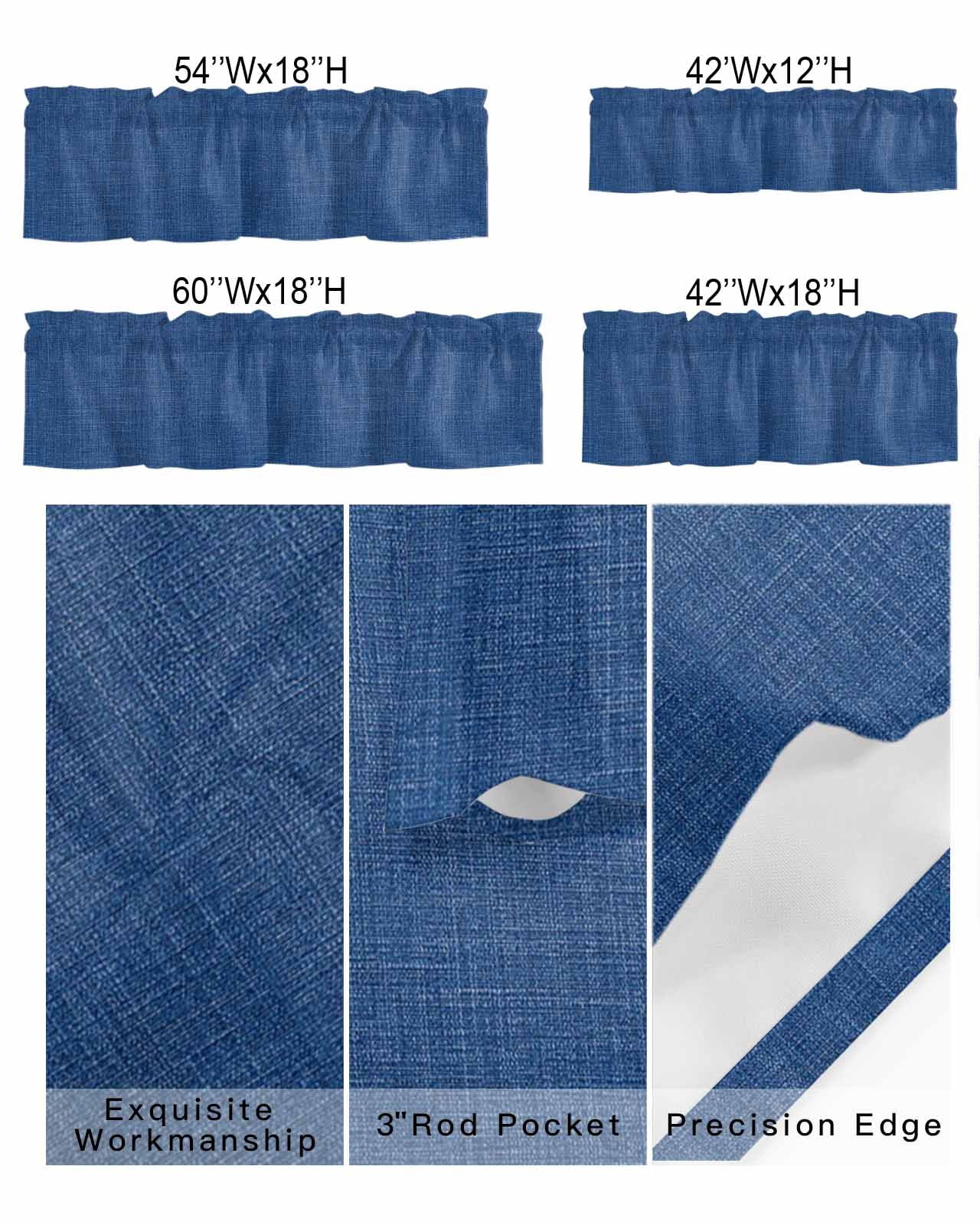 Kitchen Curtain Valances for Windows,Retro Farm Linen Flax Rod Pocket Small Valance Blue Solid Color Ocean Short Window Treatment for Bedroom Bathroom Living Room,54"x18"