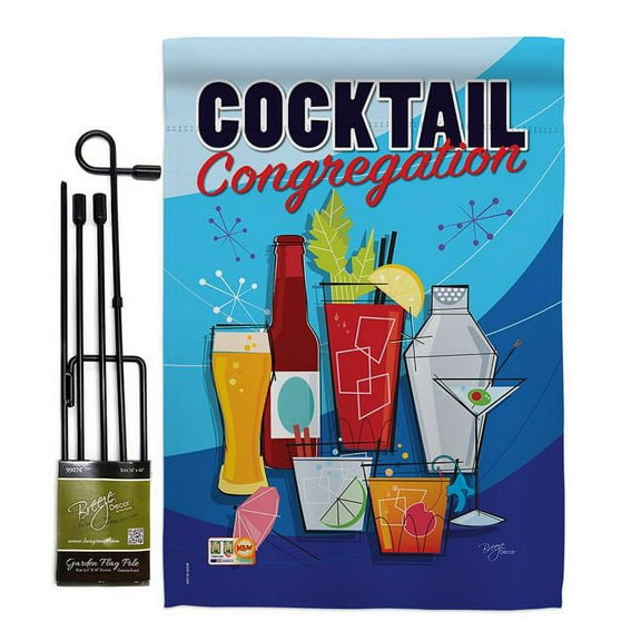 Breeze Decor BD-BV-GS-117034-IP-BO-D-US14-BD 13 x 18.5 in. Congregation Happy Hour & Drinks Beverages Impressions Decorative Vertical Double Sided Garden Flag Set with Banner Pole