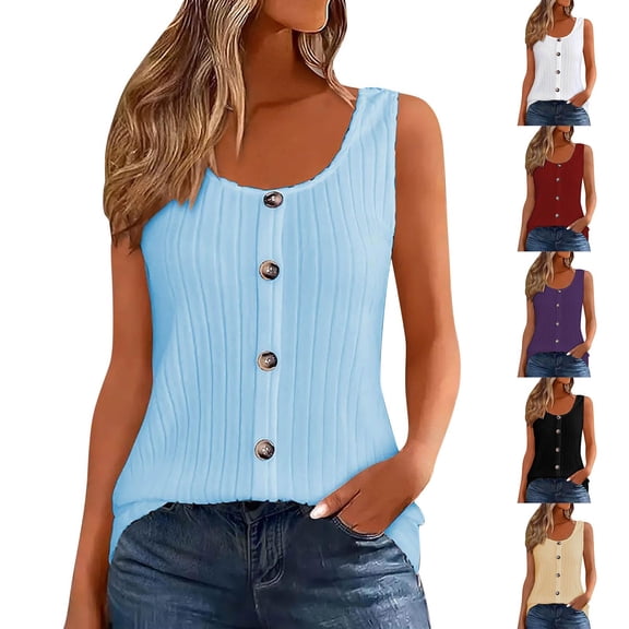 Bixock Summer Tops for Women,Plus Size Tank Tops for Women,Blouse for Women Solid Color Round Neck Button Front Sleeveless Casual Loose Lightweight Soft Shirts