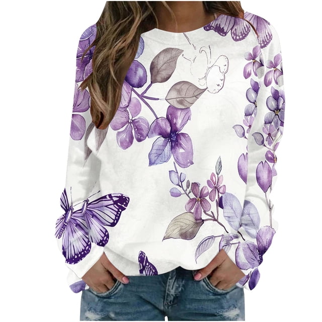 KIHOUT Chandails pour Femmes en Liquidation, Blouses à Manches Longues Col Rond Imprimé Floral Ample Automne Hiver, Tailles P-2TG