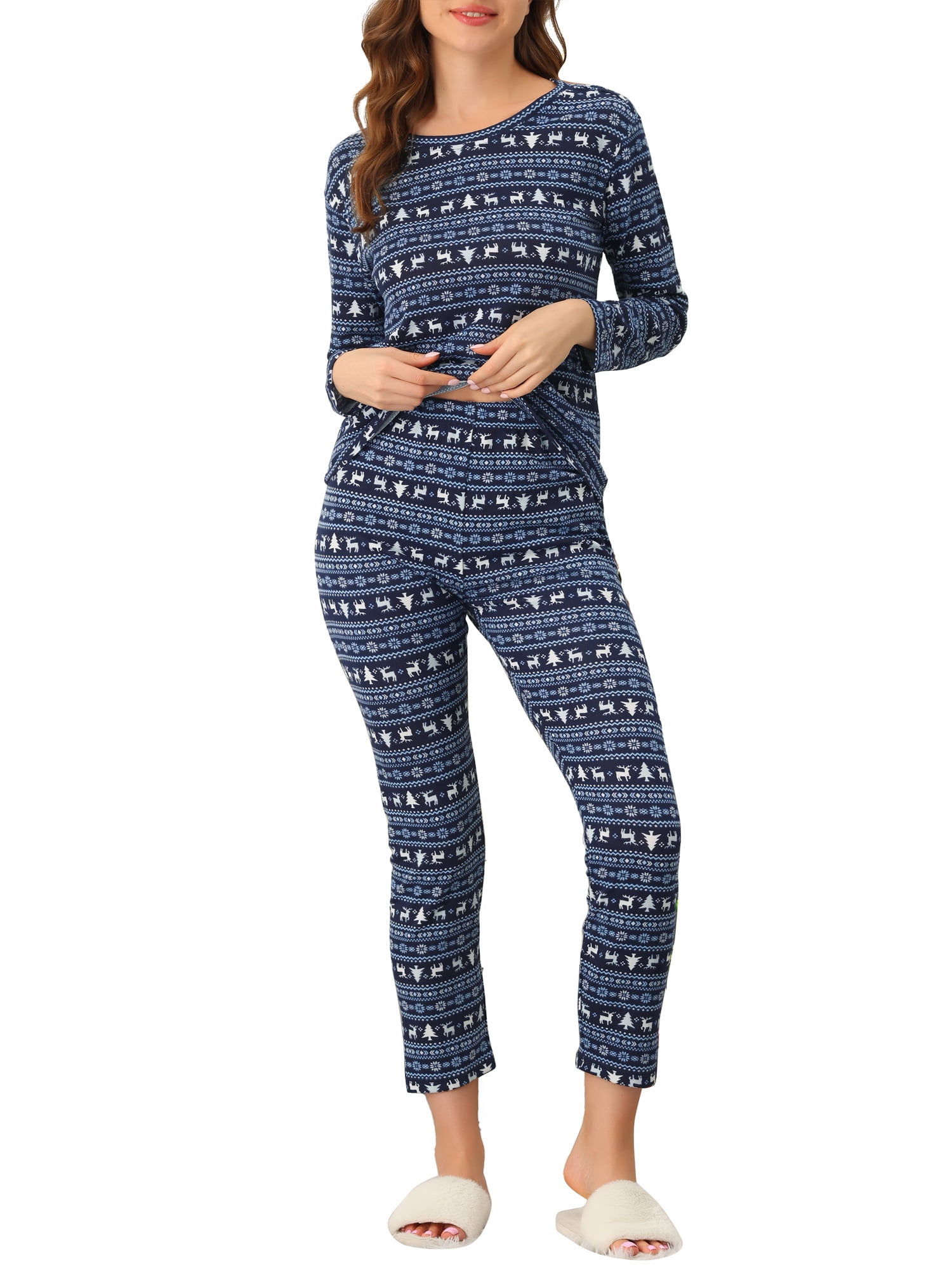 Unique Bargains Women's Pajama Soft Round Neck Nightwear Elk Lounge Sleepwear Sets