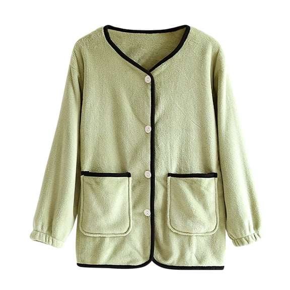 Bovxnpu Women's Pajama Tops Sleep Shirt, Women's Plus Size Winter Thickened Solid Color Button Down with Pockets Long Sleeve Fleece Lined Homewear Sleep Top Sleepwear Loungewear