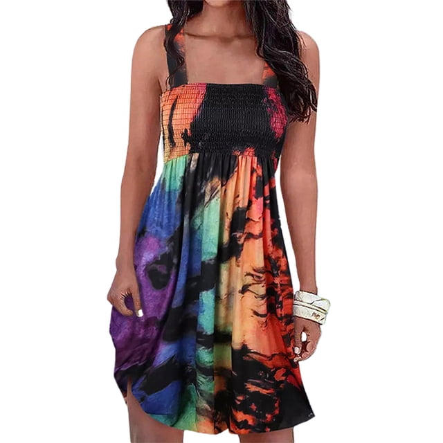 MAWCLOS Robes Courtes Mini pour Femmes Robe T-Shirt à Imprimé Floral Tunique Robe d'Été Simple Plage Bretelles Larges Image 6 S