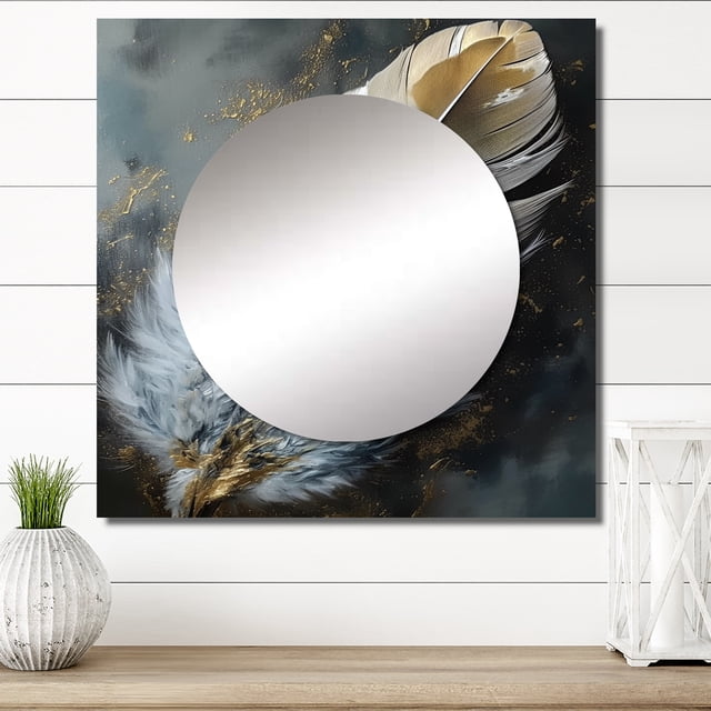 Designart "Boho Chic Feathers Gold V" Glam Feather Square Mirror For Wall Decor - Large Gold Square Printed Wall Mirror Art - Square Glam Mirror - Wall Mounted Square Large Mirror