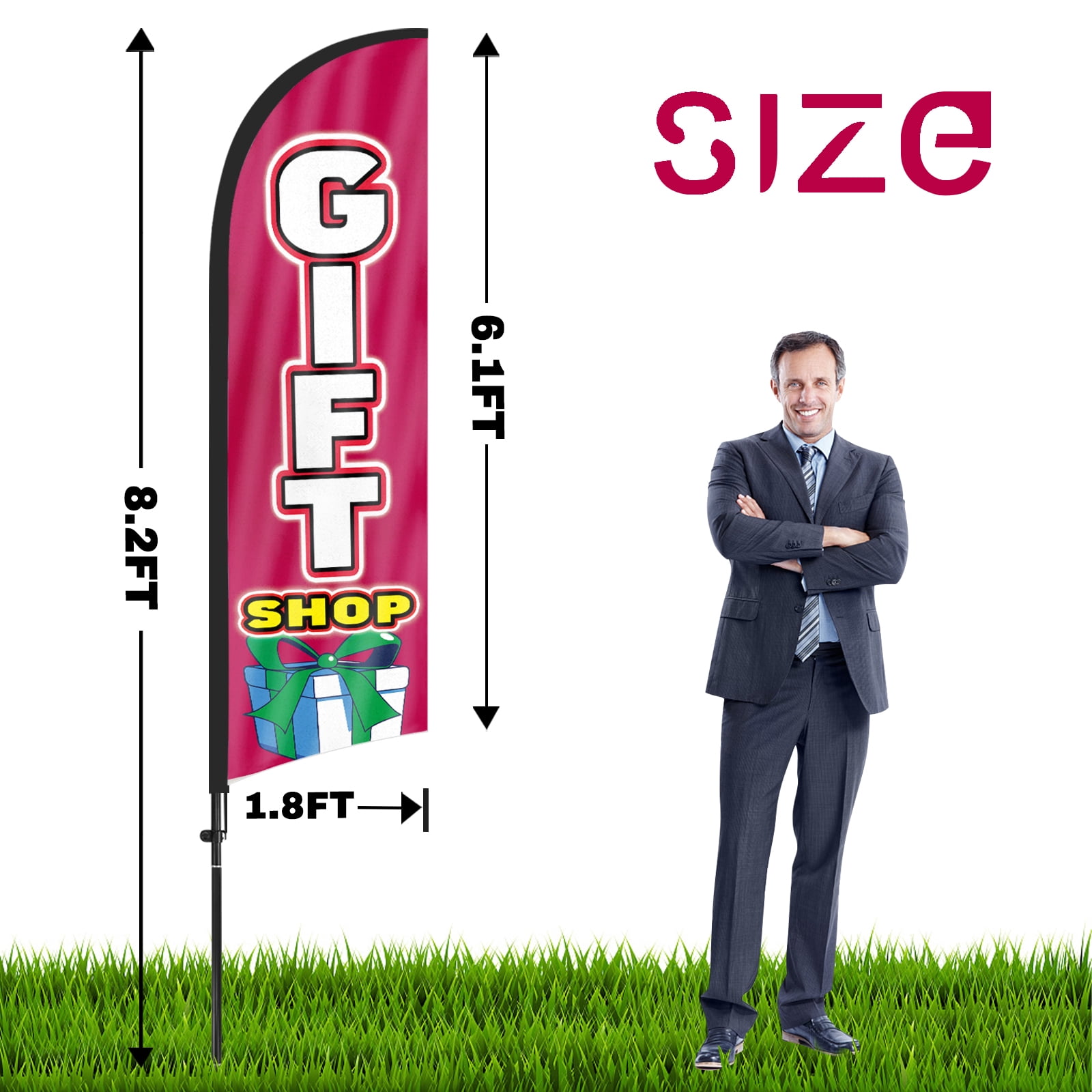 QSUM Gift Shop Feather Flag with Flag Pole Kit and Ground Spike, 8.2FT Gift Shop Windless Flag Banner Sign Business for Outdoor Advertising Sign Decoration Display