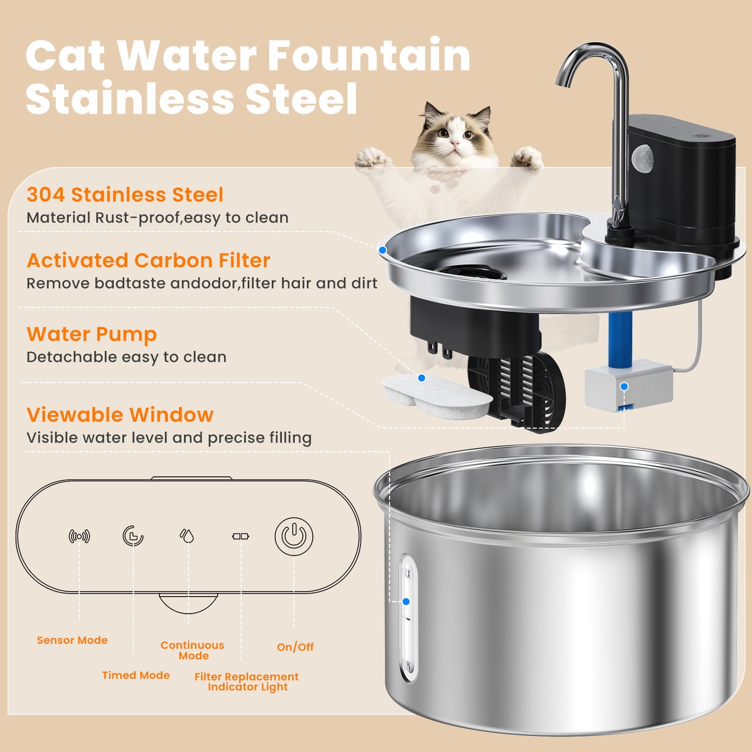 Dlopede Cat Water Fountain Motion Sensor Water Dispense for Cats and Dogs,Stainless Steel Battery Operated Pet Water Fountain,3.5L/118oz