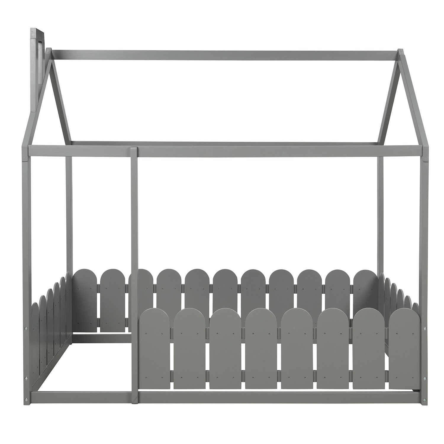 JINS&VICO Twin Size House Bed with Fence, Wood Low Bed Frame with Decorative Roof and Chimney, Playhouse Design Twin Bed for Teens Boys and Girls, Slats are Not Included, Gray - image 4 of 6