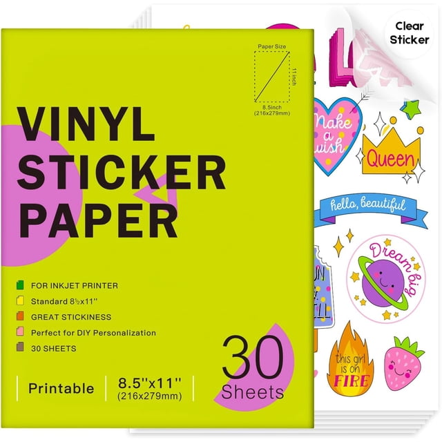 SHIQI-Premium Printable Clear Vinyl Sticker Paper for Inkjet Printers, 30 Sheets Transparent Paper of 8.5x11 DIY Personalized Self-Adhesive Paper That is Tear Resistant, Waterproof Labels,Easy to Cut