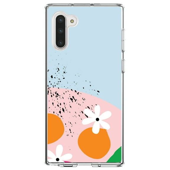DistinctInk Clear Shockproof Hybrid Case for Samsung Galaxy Note 10 (6.3" Screen) - TPU Bumper, Acrylic Back, Tempered Glass Screen Protector - Summer Vibes Bold Flower Pink White Orange