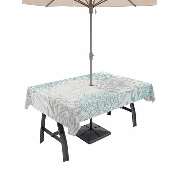 Aqua Grey Chrysanthemum Outdoor Tablecloth with Umbrella Hole, Farmhouse Botanical Floral Modern Waterproof Outdoor Table Cover, Patio Tablecloths for Party Picnic Camping, Rectangle 60"x84"