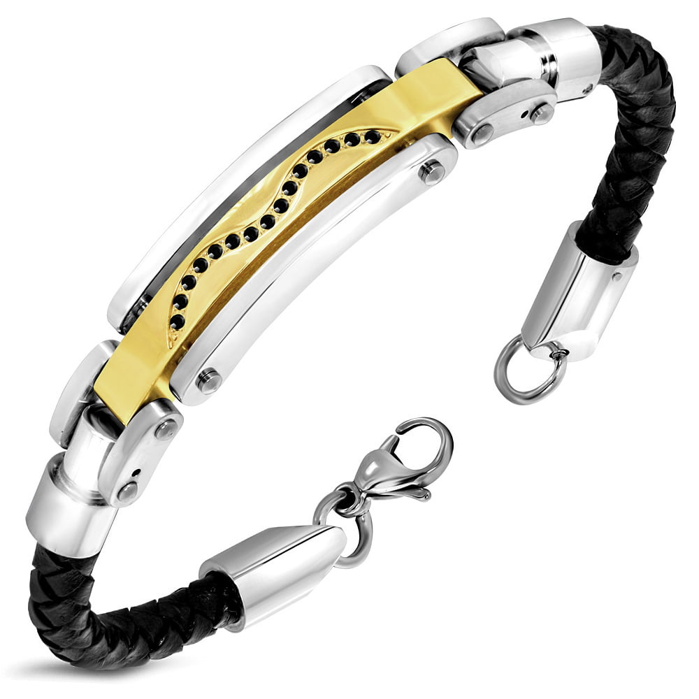 MENDINO Men's Leather Stainless Steel Bracelet Braided Thick Magnetic Clasp Punk 