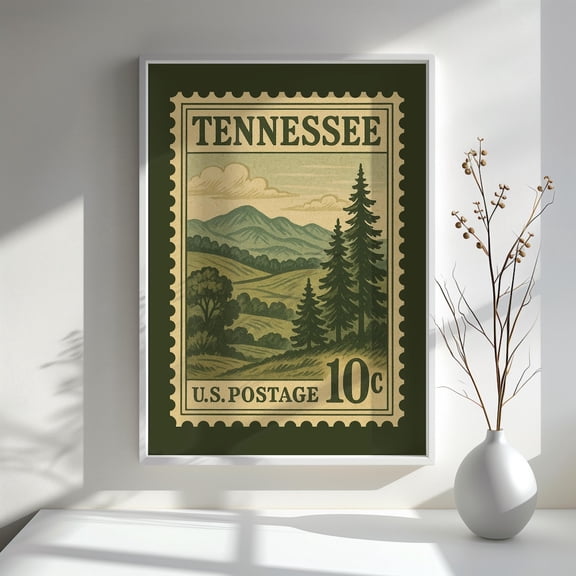Tennessee Vintage Postage Stamp Art Poster Smoky Mountains Landscape Poster Retro State Travel Wall Decor, Unframed Poster Size 8x12