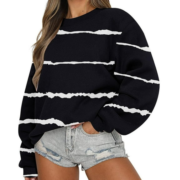 Tittly Sweatshirt for Women Womens Pullover Oversized Sweatshirt For Women Striped Pullover Crewneck Long Sleeve Shirts Crewneck Sweatshirts Women Graphic Sweatshirts for Women Black L