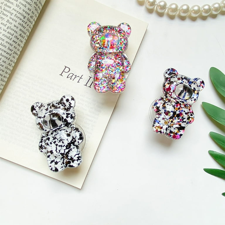 Supporto Pieghevole Per Telefono A Forma Di Orso 3D Con Paillettes Multicolori - Impugnatura E Staffa Da Tavolo Universale Per Smartphone - Grip Decorativo In Resina Epossidica - 5