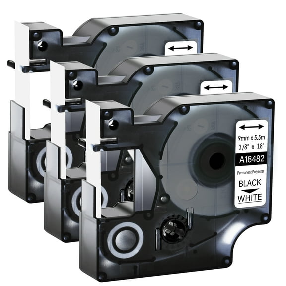 GREENCYCLE 3PK Compatible for DYMO 18482 9mm 3/8" Black on White Industrial Permanent Polyester Label Maker Tape