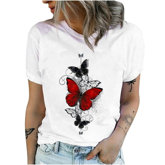 Graphic Tees for Women Casual Butterfly Print Short Sleeve Tshirts Summer Round Neck Loose Fit Shirts Tee for Jeans