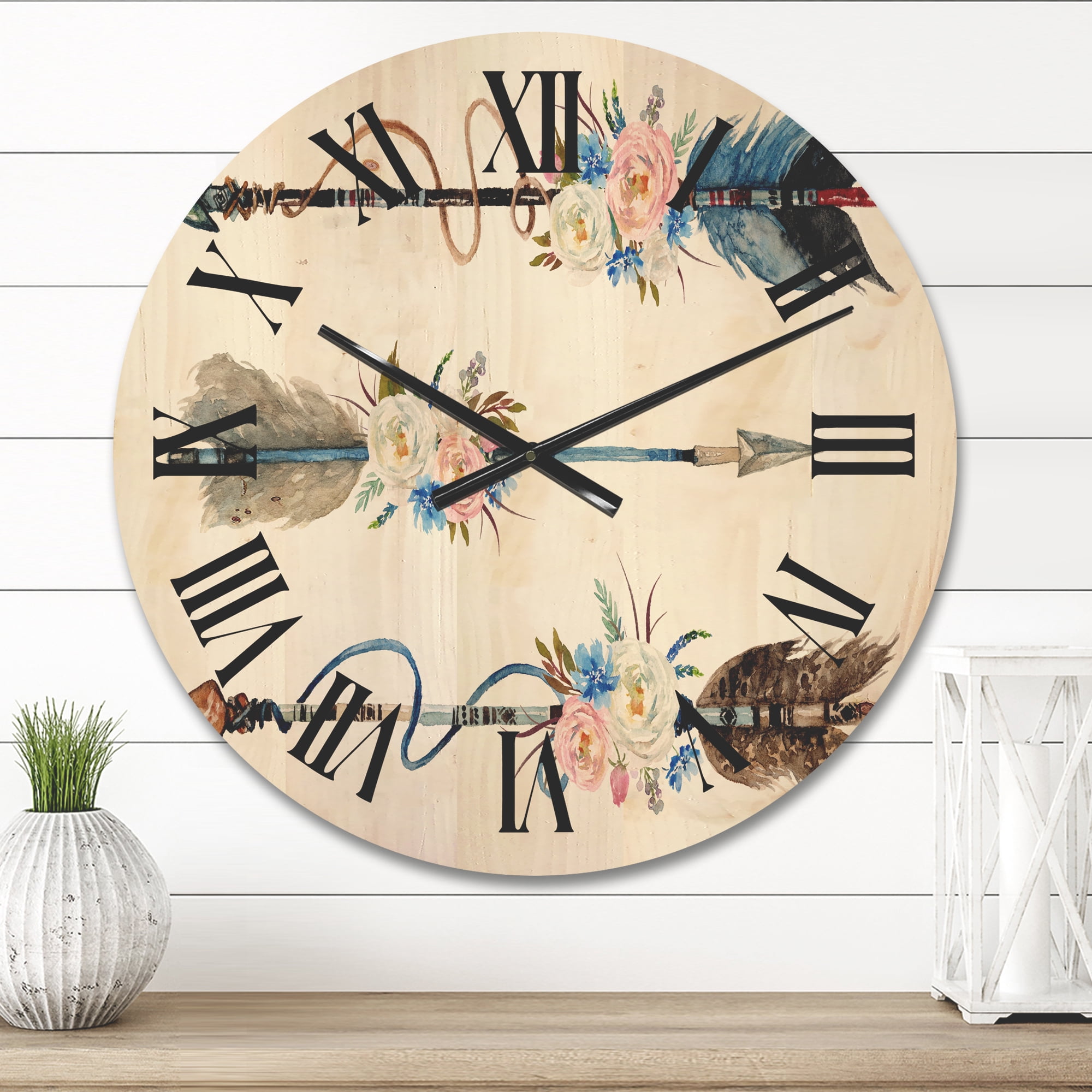 Designart 'Flowers and Ethnic Feathers On Native Arrows I' Bohemian & Eclectic Wood Wall Clock