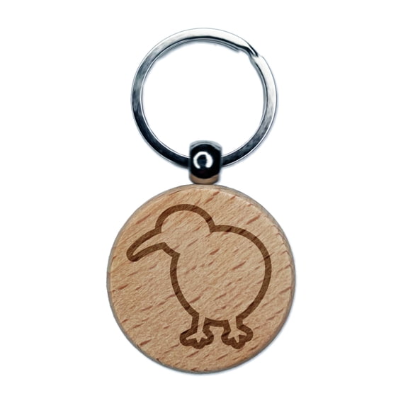 Kiwi Bird Outline Round Keychain Charm Tag - Engraved Wood