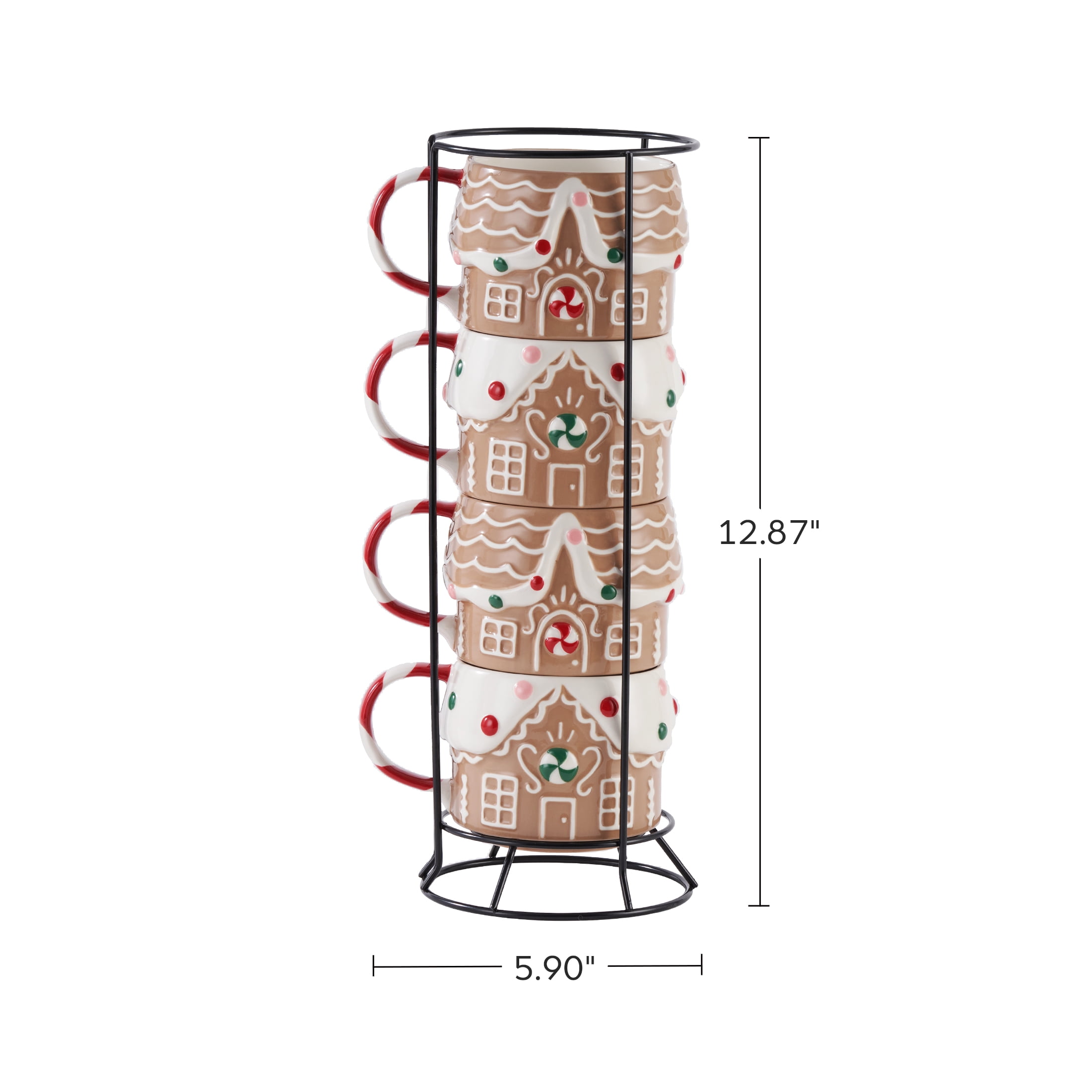 Gingerbread House Stacking Ceramic Mug Set 11.5 OZ 4-Piece Holiday Time