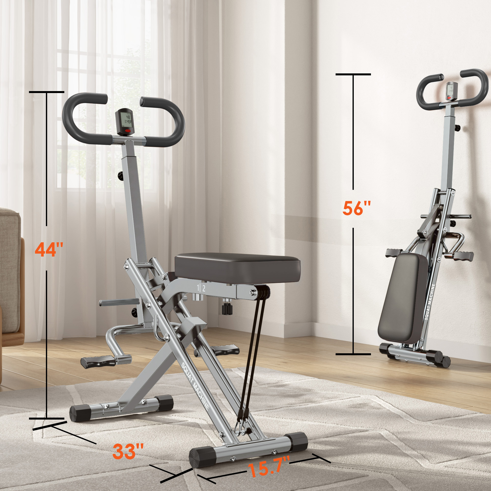 Soges Squat Machine for Home Gym, Foldable Squat Assist Trainer for Glutes Workout, Squat Rowing Machine with Adjustable Resistance and Optional Full Motion, Squat machine for Women, Black & Silver