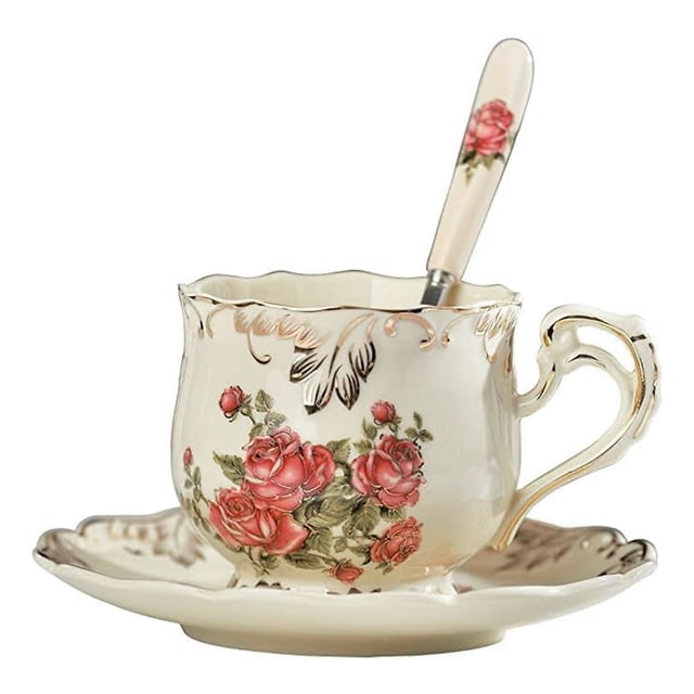 Juego de taza y platillo de té Pastoral Rose, taza y platillo de 200 ml, vaso para cafetería, utensilios para bebidas para fiestas, tazas, platillos y cucharas.