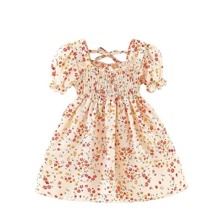 

NECHOLOGY 2t Dresses for Girls Cotton Toddler Girls Short Sleeve Beach Dresses Kids Floral Printed Girl First Birthday Outfit Dress Beige 18 Months