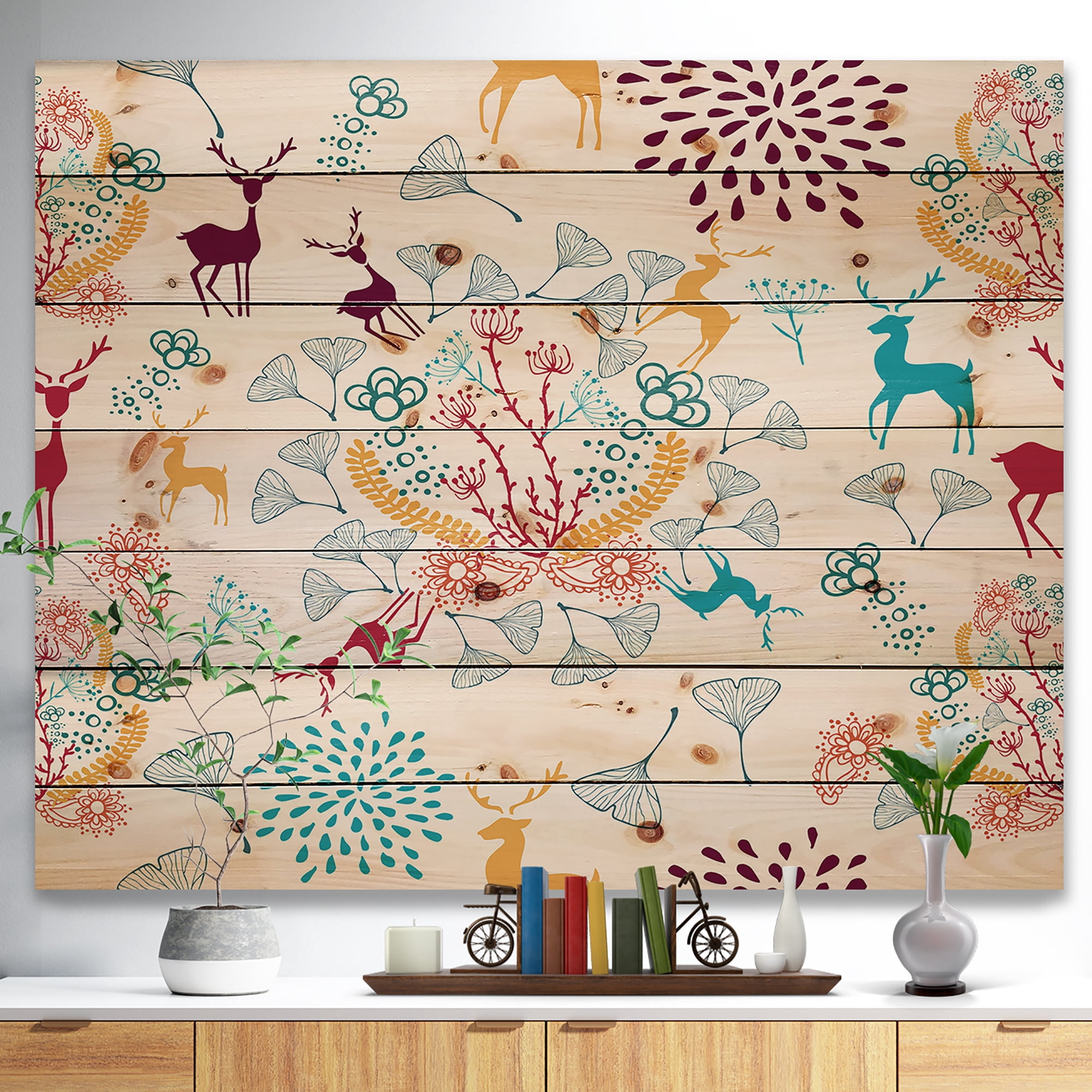 Designart 'Yellow Blue Brown Reindeer christmas pattern ' Print on Natural Pine Wood