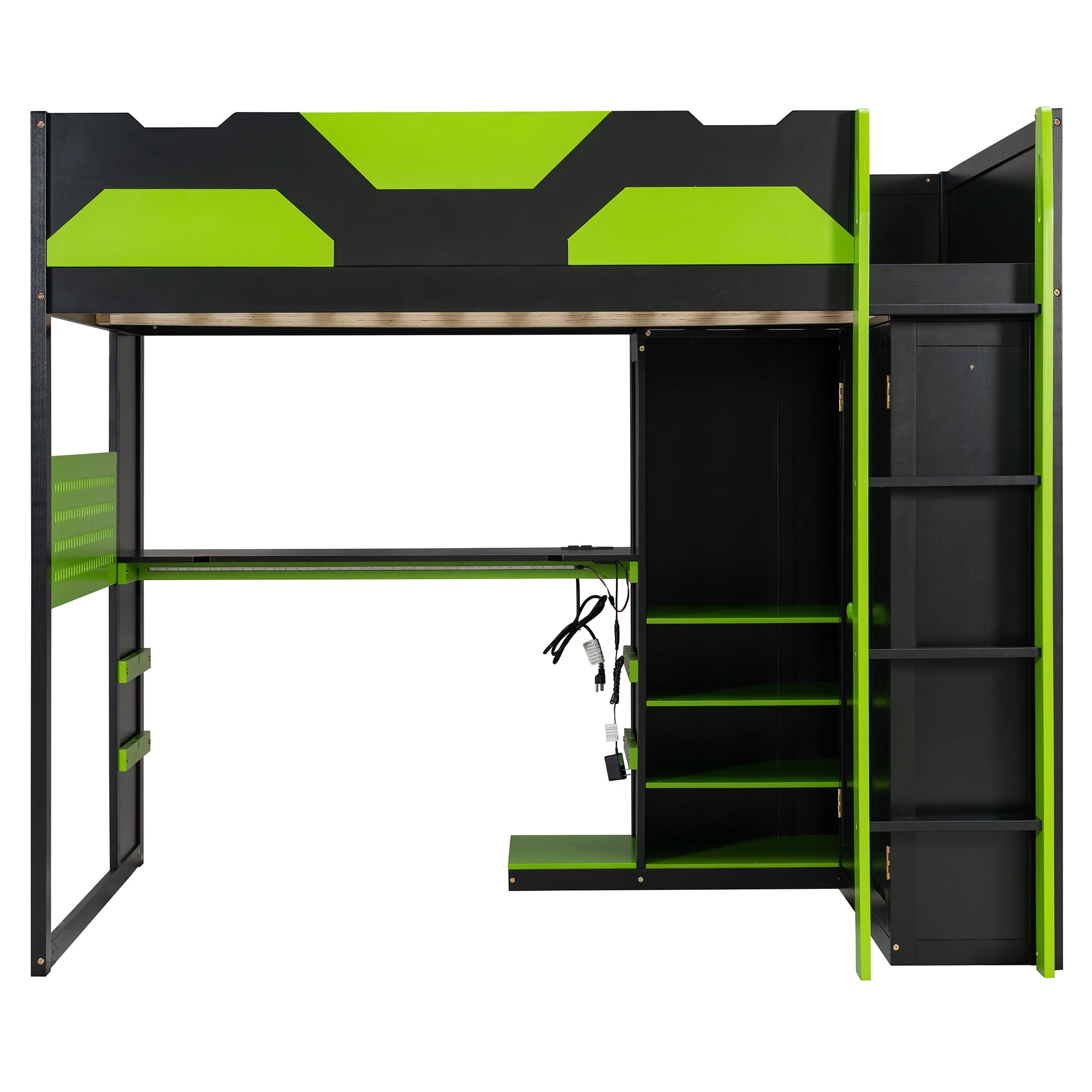 Mintazer Full Gaming Loft Bed with Adjustable Desk & Wardrobe, Modern Loft Bed with RGB Lights & Storage Pegboard, Black & Green