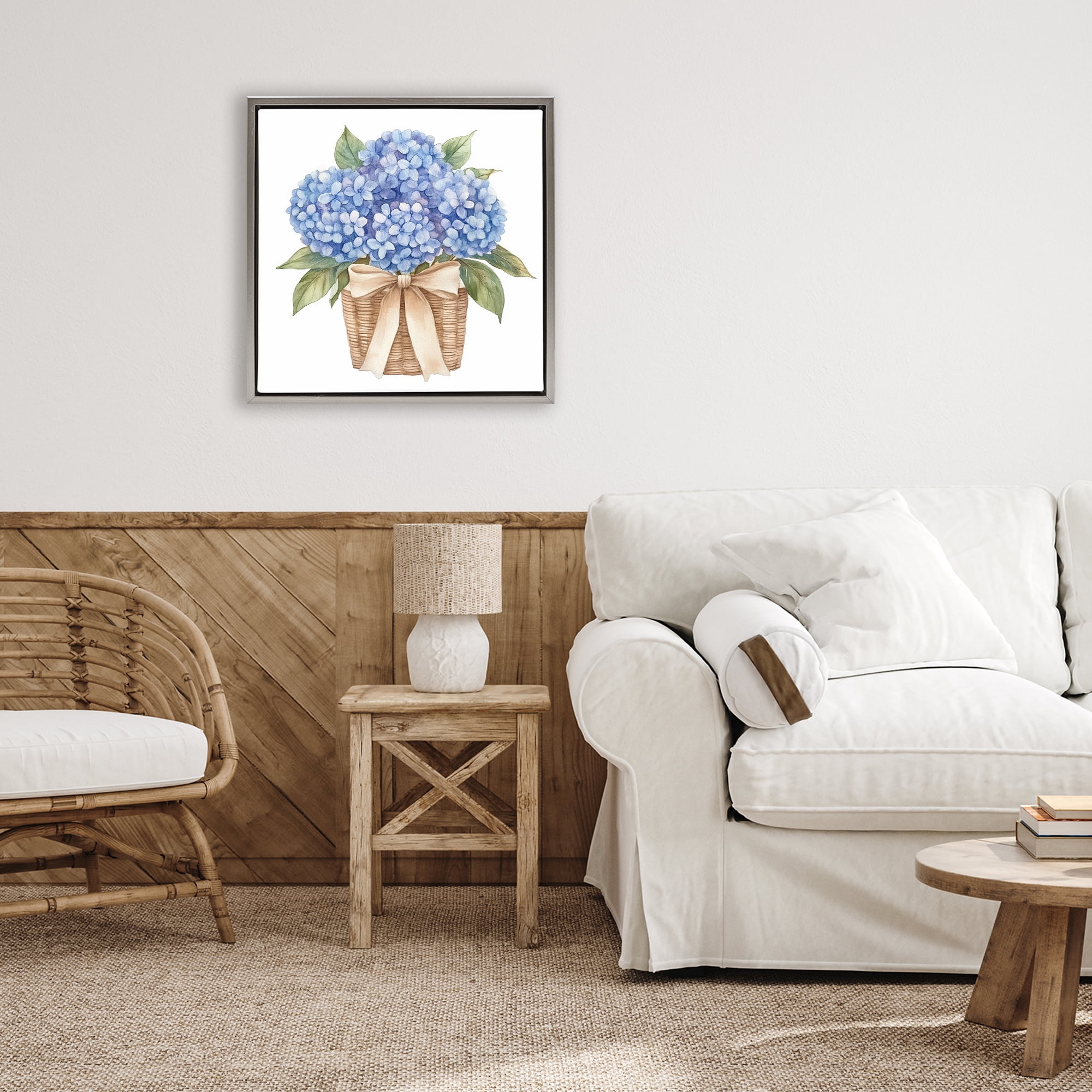 Stupell Industries Blue Hydrangea Picnic Basket Gray Framed Floater Canvas Wall Art, design by Petal Prints Design