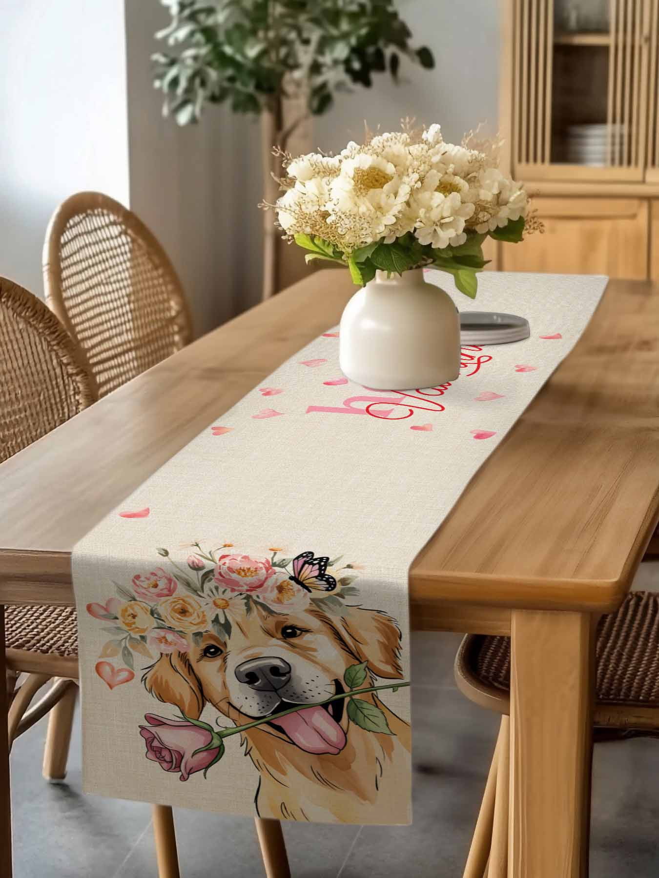 Valentine's Day Dog Table Runner, Rose Golden Retriever Red Love Heart Linen Texture Washable Cotton-linen Table Runners Dining Kitchen Decoration for Everyday Home Wedding Party Decor, 13 x 90 Inch