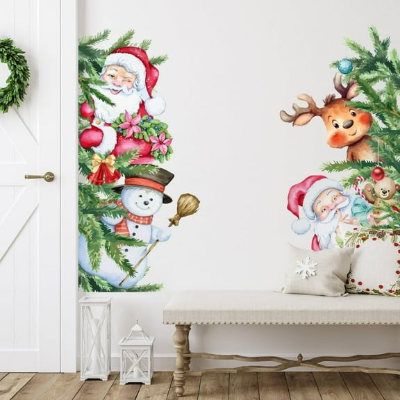 SUNNYCLUE Christmas Santa Wall Decals Christmas Tree Wall Stickers Removable Santa Claus Reindeer Snowman Vinyl DIY Wall Art for Christams Party Home Festival Wall Decor