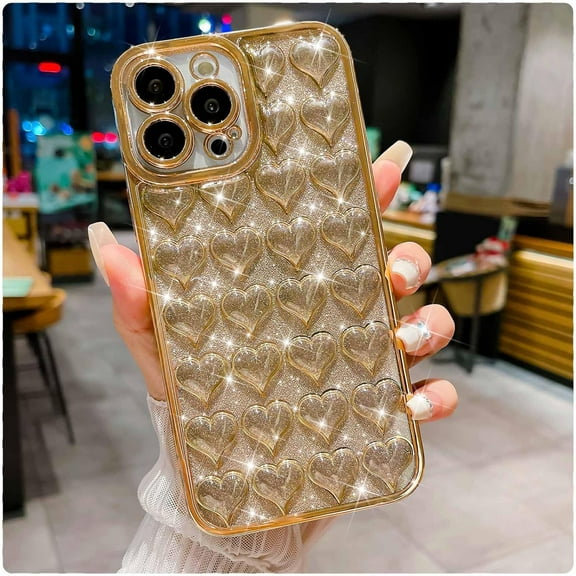 Compatible with iPhone 13 Pro Max Clear Glitter Case, Plating Bling 3D Love Heart, Cute Love Hearts Sparkle Phone Case for Women Girls, Soft TPU Full Camera Shockproof Protective Case-Gold