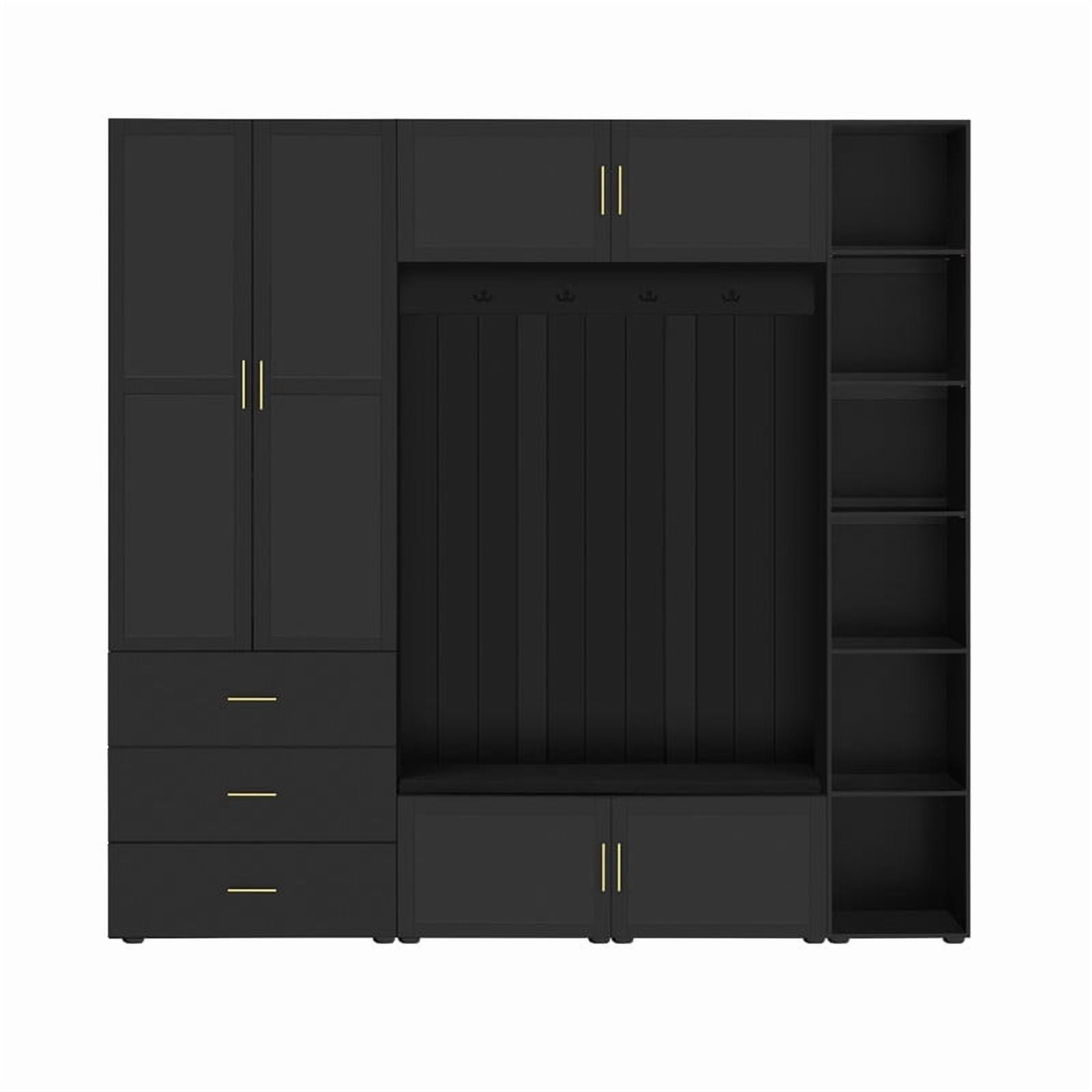 4-in-1 Large Hall Tree with Padded Shoe Bench, Storage Wardrobe Organizer Unit with Cabinets, Hooks, Drawers and Adjustable Shelves